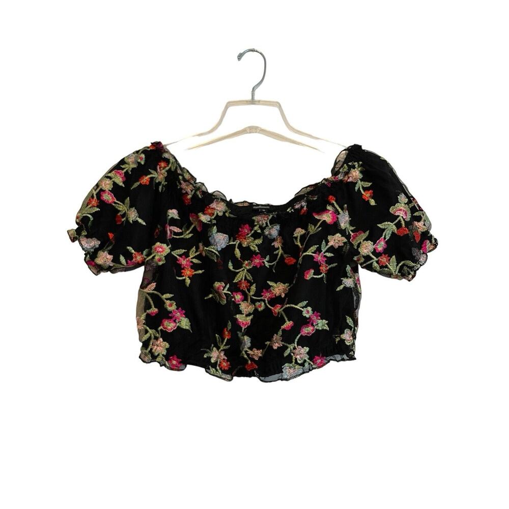 Ambiance Off Shoulder Puff Crop Top Size Medium Embroidery Black Floral Romantic